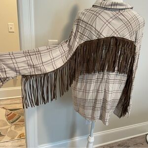 Idyllwind Cream and Brown Plaid Button-Down Shirt with fringe